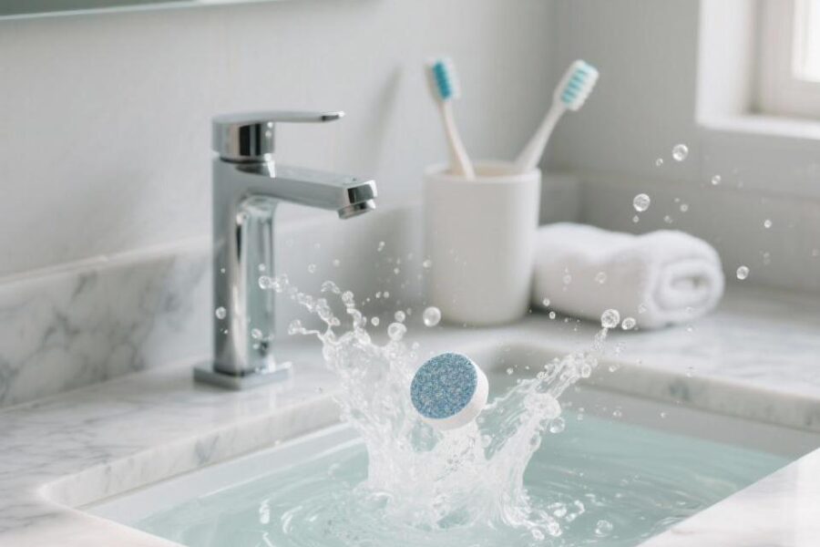 Bathroom cleaning tablets, effervescent cleaning tablets, limescale remover, soap scum cleaner, urine scale removal, bathroom maintenance, hard water stains, shower cleaning, toilet cleaner, eco-friendly cleaning products